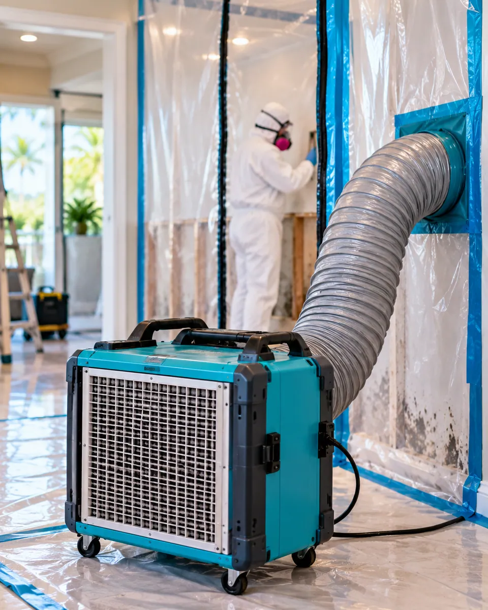HEPA air scrubber and poly containment set up for mold remediation in Hypoluxo